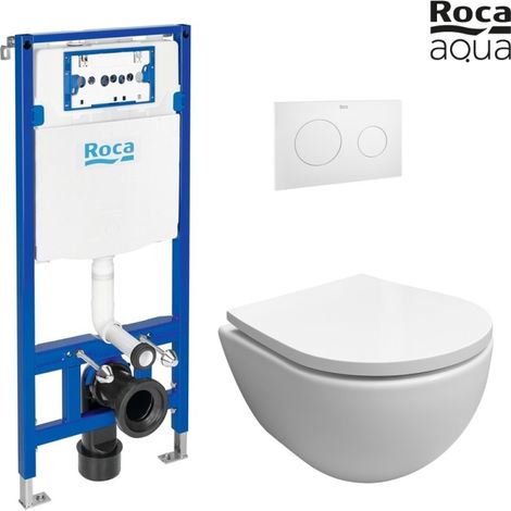 Bastidor empotrado ROCA Duplo cisterna empotrada y pulsador PL10 blanco mate con inodoro suspendido SWISS blanco brillo Soft-Close (1/5)