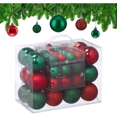 Relaxdays Set 50 Bolas Árbol Navidad, Decoración Navideña, Mate, Brillante y con Purpurina ∅ 3, 4 y 6 cm, Verde/Rojo (1/5)