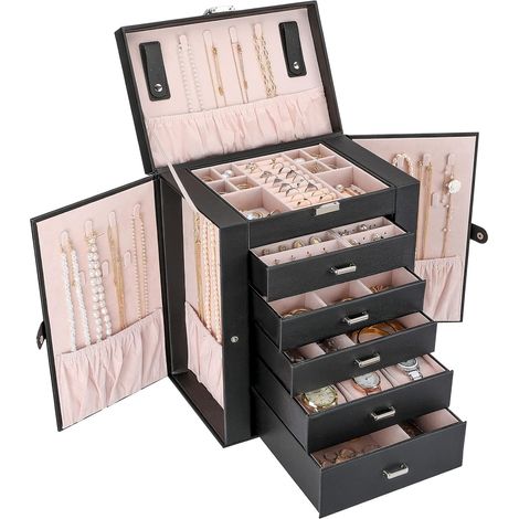Boîte à Bijoux 6 Compartiments, Coffret à Bijoux Cuir Gainé, Sans Perdre ou Abîmer les Bijoux, Cadeau Noël Anniversaire Fête de Mère-Noir (1/5)