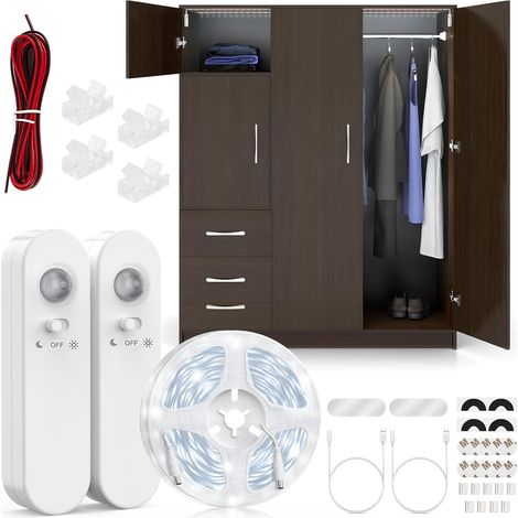 Ruban LED avec Détecteur Mouvement et Capteur Lumière, Batterie Rechargeable, D'éclairage à Intensité Variable sous Armoire Pour Escaliers, Cuisine, 5M, Blanc Froid 6500K (1/5)