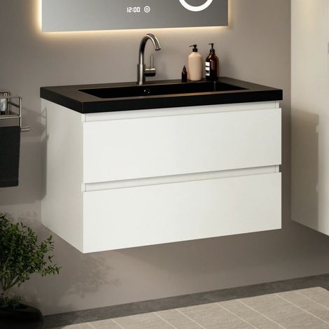 Sova Badezimmermöbel Weiß mit schwarzem Keramikwaschbecken 80 cm – Wandhängender Waschtischunterschrank – Schubladen mit Soft-Close-Funktion – Feuchtigkeitsbeständig – Pflegeleichte Oberfläche – Großz (1/5)
