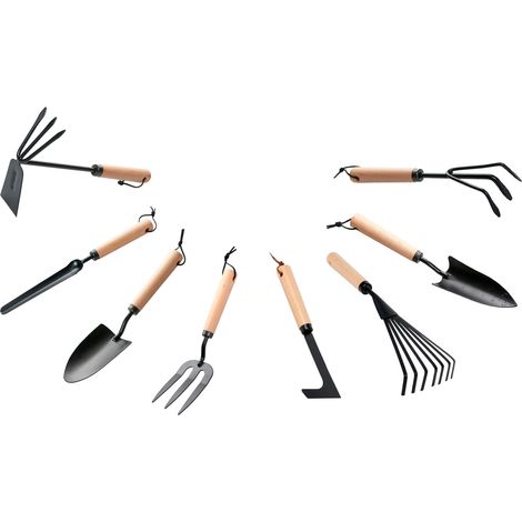 Juego de 8 piezas: azada, pala x3, rastrillo, garras, cuchillo (1/5)