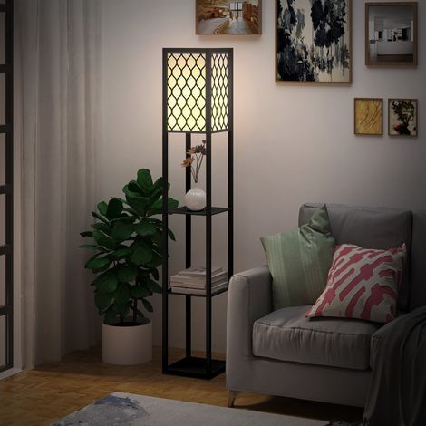 Stehlampe mit Ablage, 26 x 26 x 160 cm (L x B x H), 4 Ebenen, schwarzes MDF, Wabenmuster (1/5)