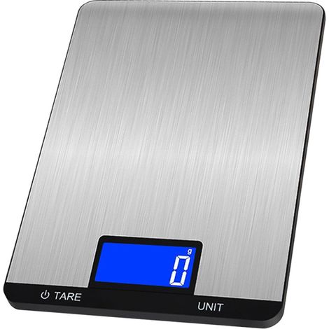 Balanza de cocina digital recargable de 15 kg con pantalla LCD, botones táctiles, 7 unidades de medida, graduación precisa hasta 3 g, acero inoxidable, ideal para hornear y cocinar.