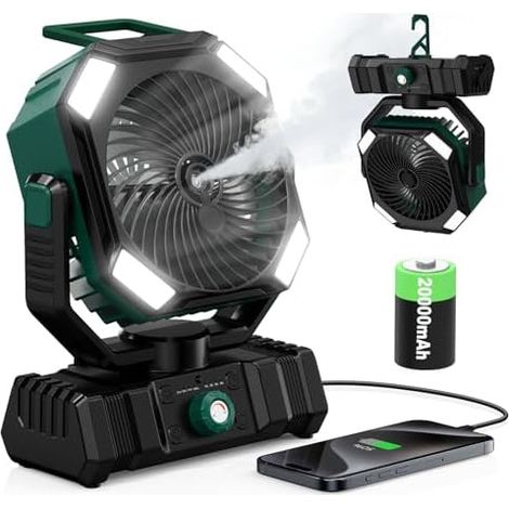 Camping Ventilator mit Sprühnebel & Wasserkühlung, 20000mAh Akku Ventilator, 45° 90° Oszillation, Haken, Fernbedienung, LED, USB Tischventilator für Outdoor Zelt, Terrasse, Reisen (1/5)