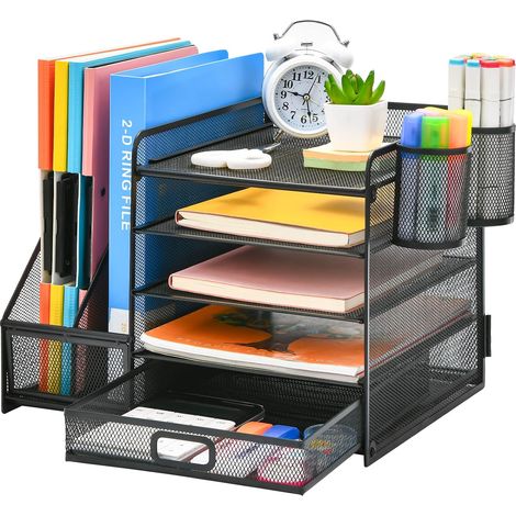 Organizador de escritorio de 5 niveles con cajón y 2 portalápices, bandeja de malla negra para suministros. (1/5)