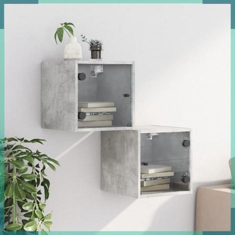 Table de chevet - 836469 - Gris béton - Portes vitrées - Bois d'ingénierie et verre (1/5)