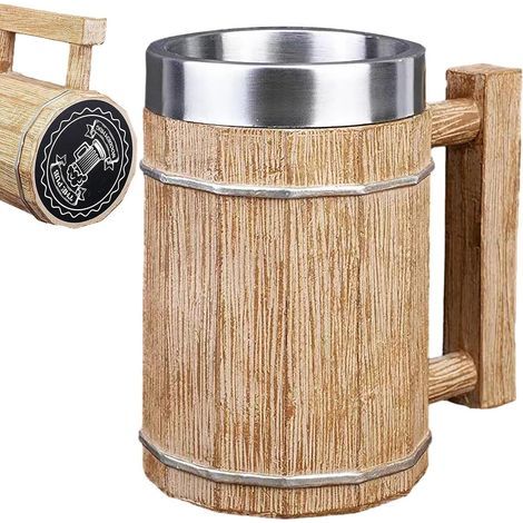 Bierkrug in Holzfassform – Doppelwandiger Cocktailkrug aus Edelstahl, großer 600-ml-Wikingerkrug, umweltfreundlicher Edelstahlkrug mit Holzoptik für Kaffee, Cocktails und andere Getränke (1/5)