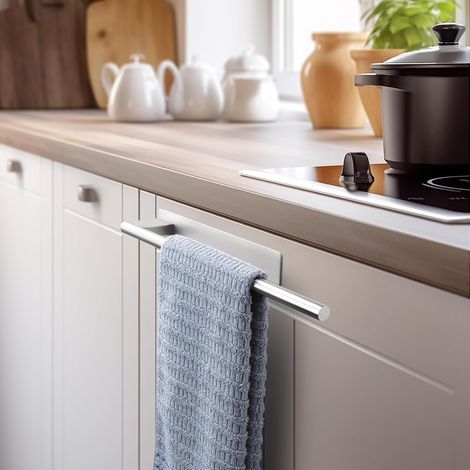 Toallero de baño sin necesidad de taladrar, soporte adhesivo para toallas, toallero de pared, toallero de acero inoxidable, toallero de plata cepillada (1/5)