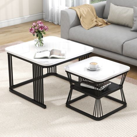 Lot de 2 tables basses gigognes laquées - Ø65cm et Ø45cm - Effet marbre blanc haute brillance et pieds en métal noir - Blanc (1/5)