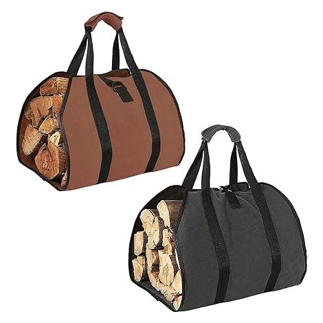 Sollbry Bolsas para leña (2 unidades): lona encerada, extragrandes, resistentes al agua, portátiles, ideales para estufas de leña, para interiores y exteriores, para acampar. (1/5)
