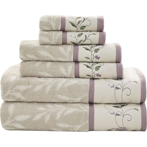 Lot de 6 Serviettes de Bain 100% Coton à Motif Floral brodé, Design Jacquard en Coton, Douces et très absorbantes pour Douche, 600 g/m², Plusieurs Tailles, Violet (1/5)