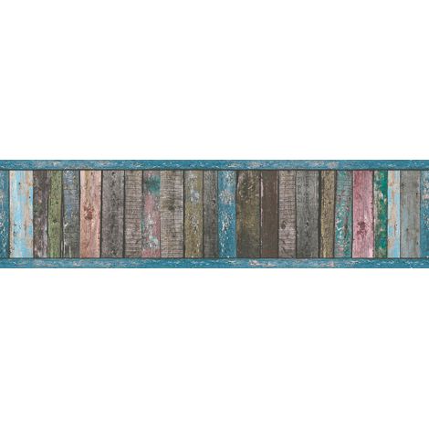 A.S. Creations – Frise murale imitation bois coloré – Effet usé bleu rose marron – Papier peint haute qualité pour cuisine et salon (1/3)
