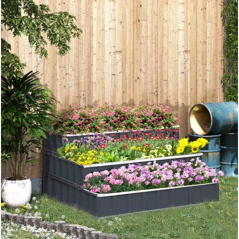 Hochbeet 118x118x62 cm dunkelgrau aus Stahl mit 3 Stufen und offenem Boden (1/5)