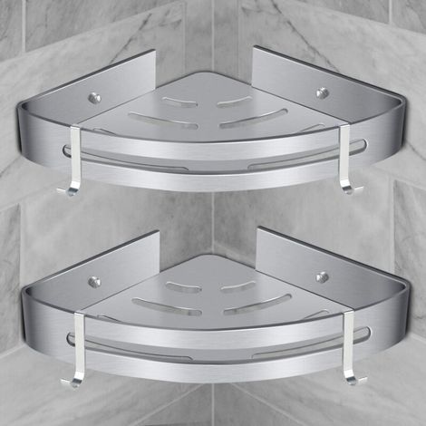 Étagère de douche d’angle aluminium aéronautique – Installation sans perçage – Capacité 18 kg – 2 étagères avec crochets et trous de drainage