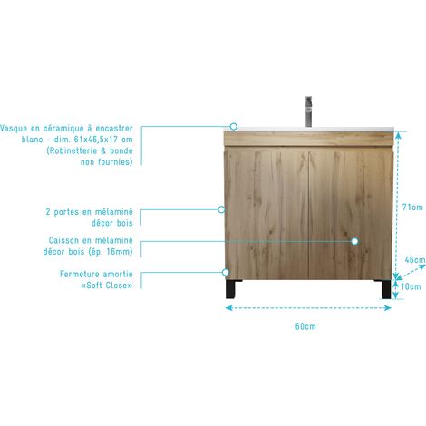 meuble de salle de bains 60 cm timber - décor chêne naturel à portes avec vasque céramique blanche — vue 4