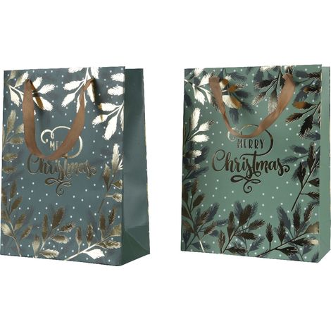 Sacchetto regalo rettangolare con testo brillante a foglia e manico 2 colori assortiti 12 x 30 x 42 cm