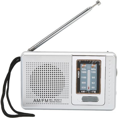 Radio AM/FM portable de poche, fonctionnant sur piles, avec haut-parleur intégré, gris argenté, idéale pour les voyages en extérieur. Fonctionne sur piles. (1/5)