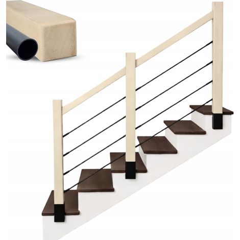Garde-corps escalier bois frêne massif avec tubes noirs, rambarde sur mesure