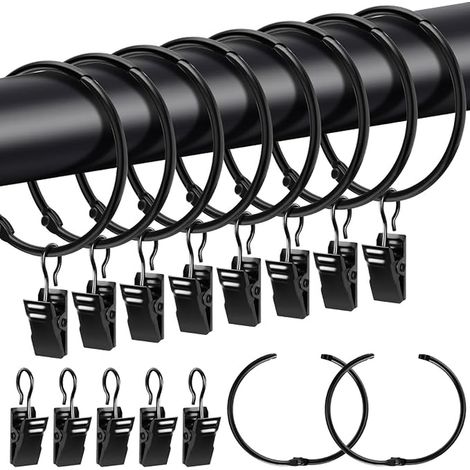 Curtain Rings with Clips, Metal Curtain Rings Open 50mm Inner Diameter, Curtain Rings with Hooks for Rod Shower Curtain (Black)