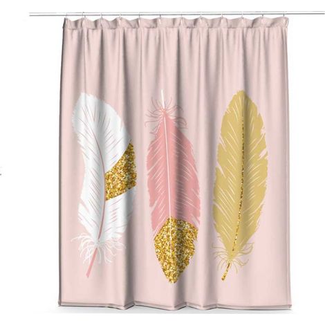 Tenda moderna per doccia vasca da bagno impermeabile pvc 12 ganci decorazione piume oro e rosa 200x180 cm (1/2)