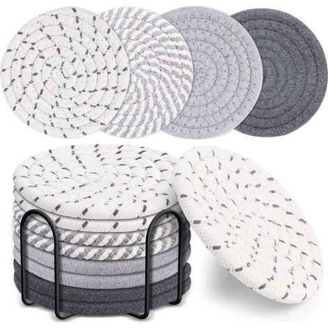 Dessous de Verre Ronds en Coton Tissés - Lot de 8 Antidérapants avec Support pour Boissons, Tasses, Bar, Café (1/5)