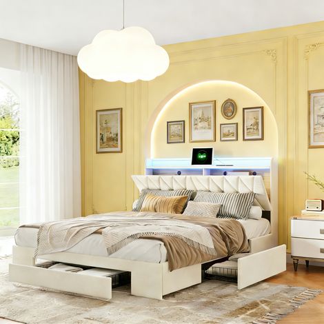 Lit adulte 160x200 cm avec LED et charge USB Type C, Lit double avec sommier à lattes et 3 tiroirs, Tete de Lit avec Rangement, Velours, Beige (1/5)