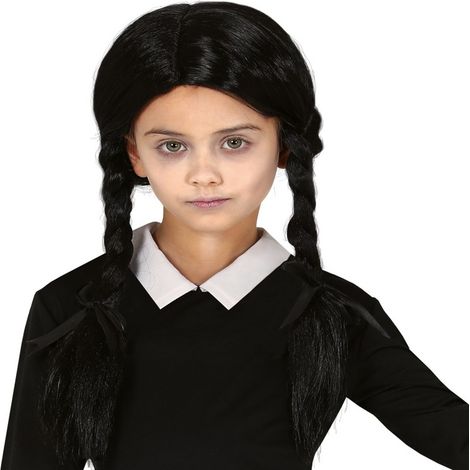 Peluca de Halloween de Wednesday Addams con trenzas negras