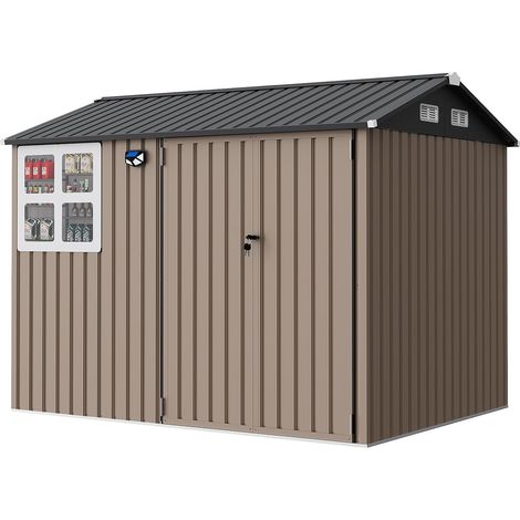 Abri de jardin métallique 6×8 FT en acier galvanisé, porte verrouillable avec fenêtres, toit incliné et rangement extérieur étanche, Marron (1/5)