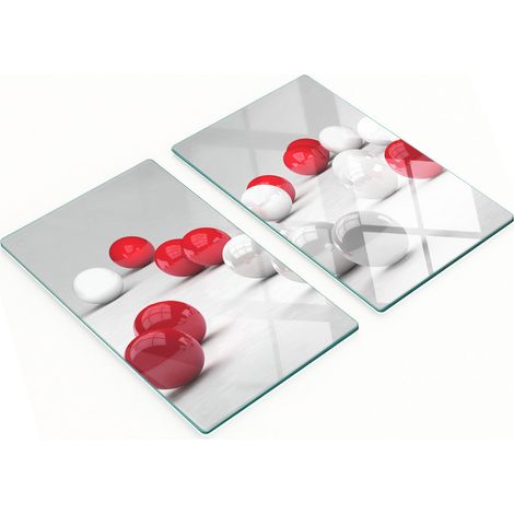 Dos tablas de cocina decorativas de cristal con bolas rojas y blancas, 2x30x52 cm.