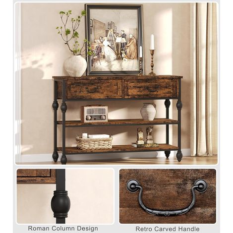 IDEALHOUSE Console d’entrée 104 cm étroite style industriel - 2 tiroirs - 2 étagères de rangement - table d’appoint/derrière canapé pour salon/couloir/foyer - Couleur: Rétro (1/5)