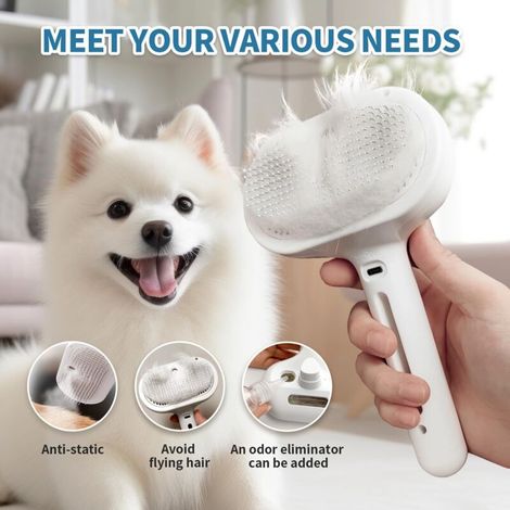 Brosse autonettoyante 3 en 1 pour animaux de compagnie - Antistatique, outil de toilettage pour animaux à poils longs et courts, blanche (1/4)