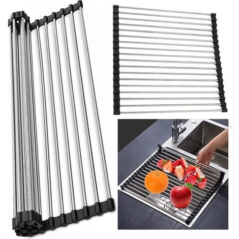 Égouttoir Évier Roll-Up Dish Étendoir 304 Acier inoxydable Rack de vidange multi-usages à poser, 50 x 40 cm (1/4)