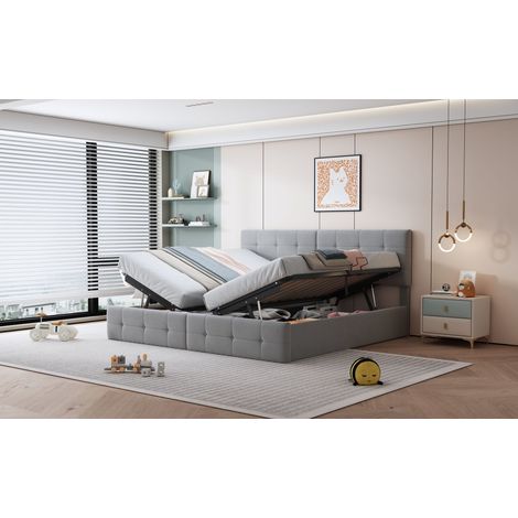 Lit coffre hydraulique 180x200 cm, sommier relevable, double lit multifonction avec tiroirs, velours doux et hypoallergénique, gris. (1/5)