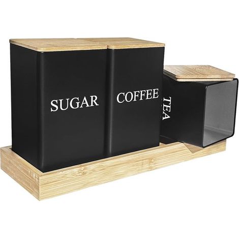 Juego de 3 botes para té/café y azúcar: té negro, café y azúcar. Botes metálicos con tapa de bambú hermética y bandeja. (1/5)