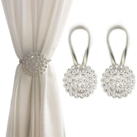 Magnetische Raffhalter, 2er-Pack funkelnde Kristallblumen-Gardinenclips (weiß) (1/4)