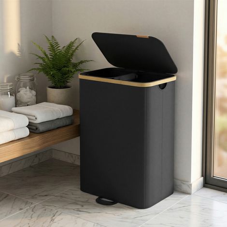 Panier à Linge Sale 2 Compartiments, avec Sacs Amovibles, Cadre en Bambou, Buanderie, Chambre, 150 L, Noir