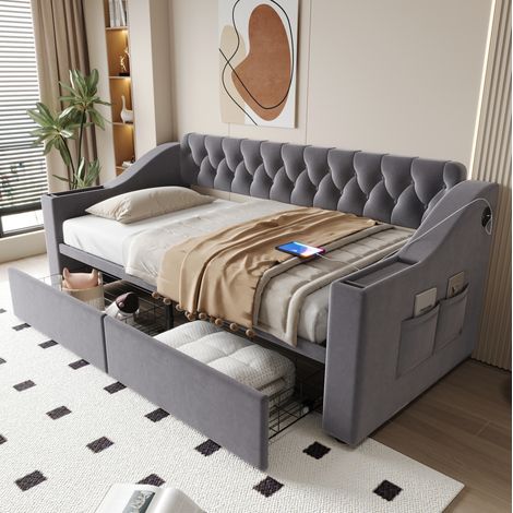 Sofá cama tapizado 90/190 cm gris oscuro de terciopelo con USB y almacenaje (1/5)