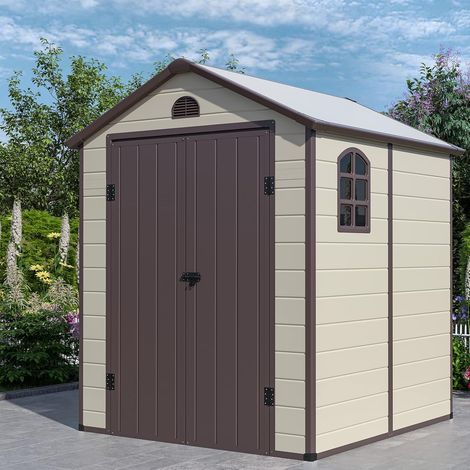 Costway – Abri de jardin métal 6.2 m³ – Panneaux PVC double couche – Cadre en acier galvanisé – Porte verrouillable – Toit en pente pour drainage rapide