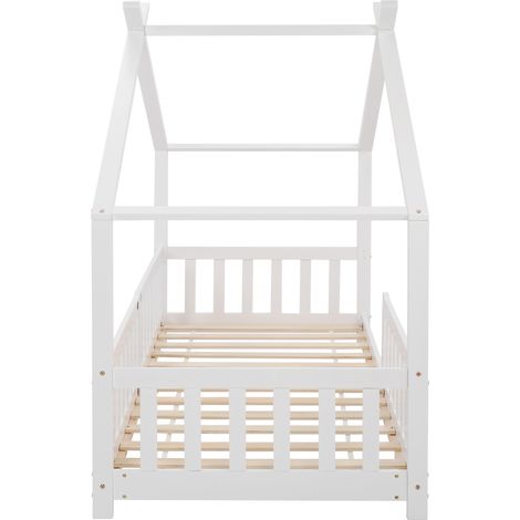 Lit cabane enfant blanc avec barrière et sommier à lattes 90 x 200 cm (1/5)