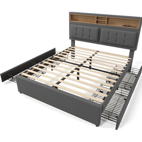 Cama doble tapizada 140x200 cm gris con 4 cajones, cabecero regulable y puertos USB-C (1/5)