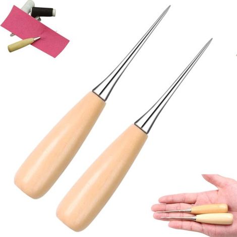 Lot de 2 alènes vintage - Alène à manche en bois - Alène pour cuir - Couleur bois naturel - Alène à main - Convient pour perforer, coudre et réaliser des travaux de maroquinerie. Couleur bois naturel. (1/5)