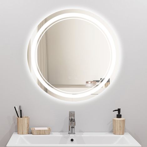 Silberner Spiegel, 2,5 × 50 × 50 cm, runder LED-beleuchteter Kosmetikspiegel mit hoher Auflösung und zwei Lichtquellen, stufenlose Dimmung in drei Farben + Antibeschlag-Funktion mit Dual-Touch-Bedienu (1/5)