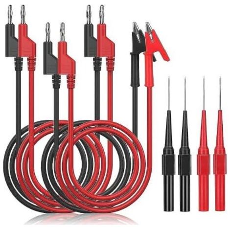 6 Pièces Câbles de Test de Multimètre avec Pinces Crocodiles, 4 Câbles de Fiche Banane de 4 mm avec 2 Sondes de Test, Câble de Mesure pour Voiture Industriel Tests Électriques Noir Rouge