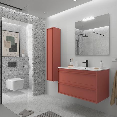 Ensemble complet ATTILA 1000 2 tiroirs RED SATIN + meuble-lavabo + miroir + luminaire (1/3)