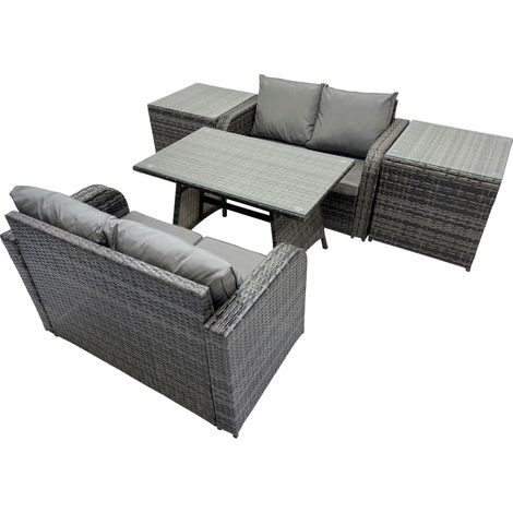 Fimous 4 Seater Garden Outdoor Rattan Furniture Set Rattan Sofa Oblong Dining Table with 2 Side Table Dark Grey (1/5)