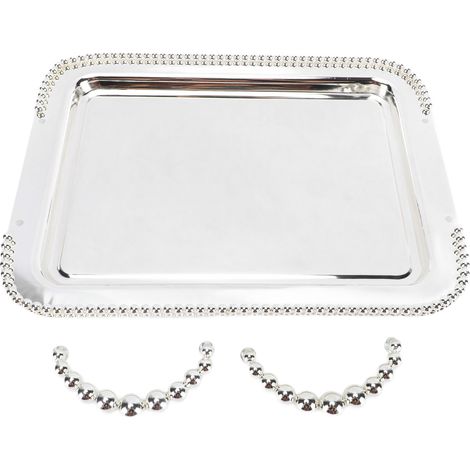 Plateau de service rectangulaire argenté en métal à perles, miroir décoratif européen, avec poignée, centerpiece pour dessert et bijoux (1/5)