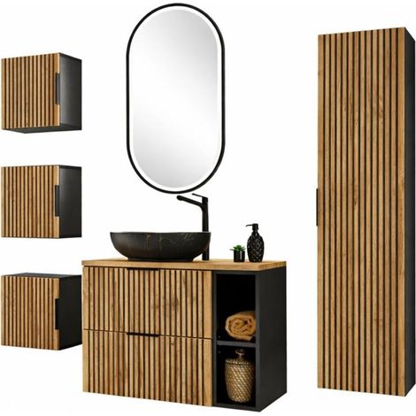 Ensemble KINOKO : meuble sous vasque 80cm + vasque noire ronde à poser + miroir LED + meubles de rangement