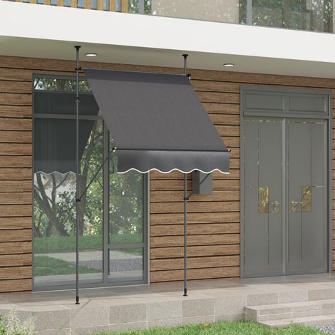 Toldo retráctil manual independiente, 1,5 m de largo x 1,2 m de ancho x 2,1-3 m de alto, inclinación regulable, metal/aluminio/poliéster, gris oscuro.