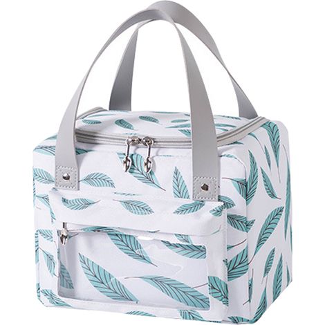 Sac de déjeuner portable à main, grande capacité, isolant thermique renforcé, film aluminium, motif feuilles blanches, pour pique-nique (1/5)